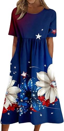 Womens American Flag Star Striped Dress Short Sleeve Plus Size 250 Anniversary USA Patriotic 4Th of July Midi Dress