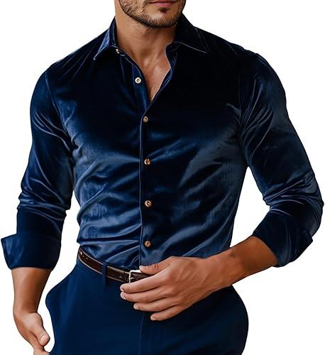 JOFOW Men's Velvet Dress Shirts Button Down Long Sleeve Casual Collared Work Office Wedding Party Shirt