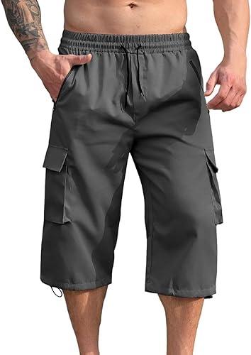Men's Knee Length Cargo Shorts Elastic Waist Casual Shorts with Adjustable Drawstring Hem & Side Pockets
