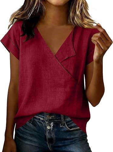 Oplxuo Women's Cotton Linen Shirts V Neck Short Sleeve Wrap Blouse Summer Casual Loose Fit Tunic Tops