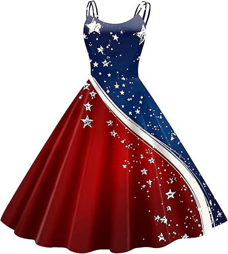Patriotic Midi Dress for Women Women's Summer Sleeveless Star Print 4Th of July Formal Church Prom Fit Flare Sundress,