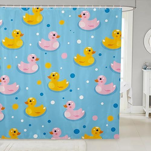 Erosebridal Kids Kawaii Duck Bathroom Decor - Pink Yellow Rubber Ducks Shower Curtain Set for Girls Boys, Colorful Polka Dot Bathroom Set 72 x 72 Inch, Cartoon Animal Print Fabric Shower Curtain