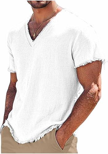 Linen Shirts for Men Short Sleeve V Neck T-Shirt Beach Yoga Top Casual Hippie Clothes Vacation Raw Edge Tee