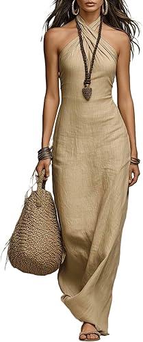 Oplxuo Women's Crisscross Halter Neck Maxi Dress, Cotton Sleeveless Form-Fitting Bodycon Dress, Elegant Summer Party Dress