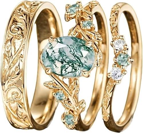 10K 14K 18K Gold Custom Natural Moss Agate Couple Rings 2PCS/3PCS Moss Agate Wedding Promise Ring Sets for Him and Her Couple Size 3-16