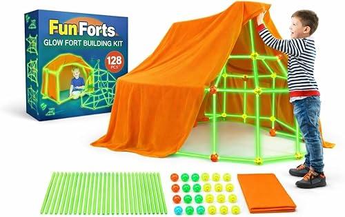 Fun Glow Fort Building Kit for Kids - 128 Pcs Glow in The Dark STEM Building Toys Indoor Outdoor Play Tent for Kids Construction Toys with 80 Rods, 48 Spheres & 1 Cloth Sheet — 12% off