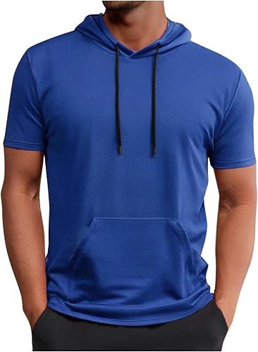 Mens Short Sleeve Hoodie Shirts Lightweight Pullover Hooded Tees Drawstring Kangaroo Pocket Athletic Workout Tops