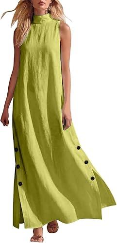 Cotton Linen Stand Collar Button Split Long Dress Sleeveless Plain Comfy Sundress Wedding Cocktail Party Dress