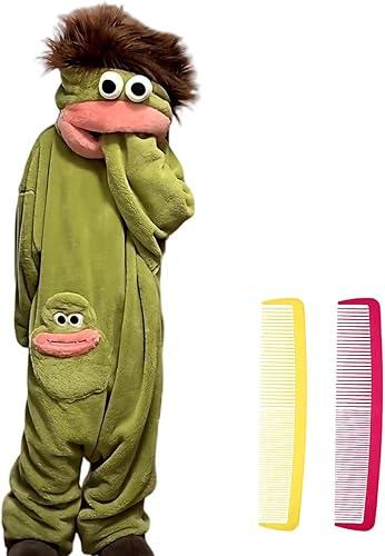 Silly Onesie Funny Frog Onesie Oversized Plush Fleece Hooded One Piece Pajamas Cozy Home Loungewear(Shoes+2combs)