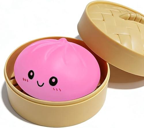 Glitter Dumpling Squishy with Box, Dumplings Sensory Squeeze Toy, Soft Squeeze Decompression Dough (Opaque,Rose Red)