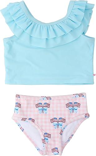 RuffleButts Girls UPF50+ Sun Protection One Shoulder Ruffle Tankini Two Piece Swimsuit