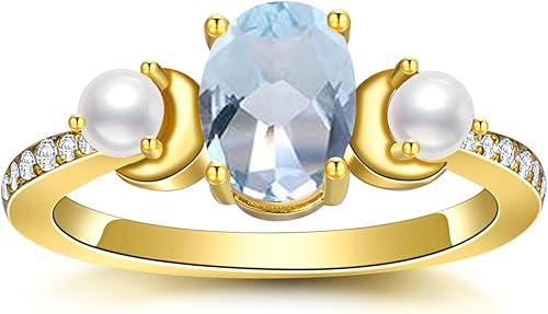 10K 14K 18K Gold Oval Cut Gemstone and Pearl Rings for Women 6×8MM Gemstone and Freshwater Cultured Pearls Promise Statement Anniversary Ring for Her Size 4-15