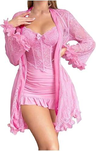 Oplxuo Lingerie Set for Women Sexy - 2 Piece Babydoll & Lace Robe Set Strap Chemise Sleepwear Mesh Nightgown Ruffle Nightwear