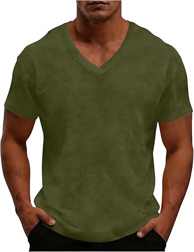 Men's Waffle Short Sleeve T Shirts Casual V Neck Shirts Workout Slim Fit Pullover Solid Color Muscle Tee for Daily