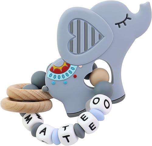 Personalized Baby Teether Rattle with Name – Custom Wooden Teething Toy for Boys & Girls – Handmade Elephant Keepsake Baby Shower Gift (Grey)