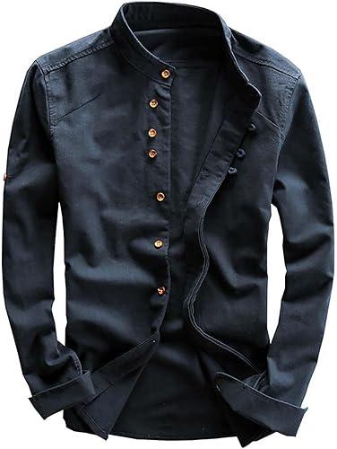 JOFOW Men's Long Sleeve Shirts Soulona Katana Vintage Soft Linen Japan Style Button Down Shirts