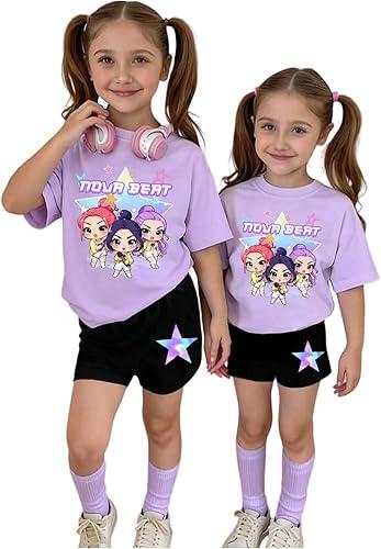 K-pop HUNTR/X 2 Piece Short Sleeve Top and Shorts Hunter Print Outfits Set Teen Cartoon Costume Y2K Outfits Short Set