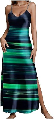 Womens Satin Long Nightgown Spaghetti Strap Silk Floral Print Maxi Night Dress Soft Sleepwear with Side Split