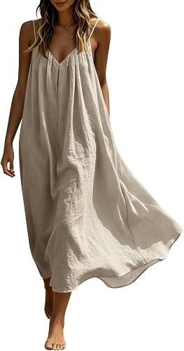 Oplxuo Women's V Neck Spaghetti Strap Maxi Dress Cotton Gauze Flowy Casual Sundress Loose Beach Cover Up Dress for Vacation Beige