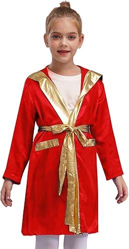 TiaoBug Kids Youth Boys Boxing Robe Costumes Long Satin Hooded Hoodies Halloween Boxer Party Fancy Dress Up