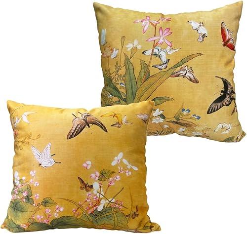 Pack of 2 Chinese Style Floral Butterfly Throw Pillow Covers Set, 16x16 Inch Double - Sided Pattern Vintage Cushion Cases for Home Decor, Living Room, Bedroom