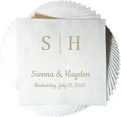 Personalized Wedding Cocktail Napkins | Custom Napkins with Name & Date, 3 ply Customized Paper Napkins for Wedding, Cocktail, Engagement Party, Bridal Shower & Anniversary (wedding-01)