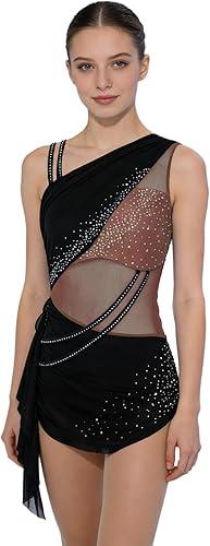 FEESHOW Women's Rhinestones Lyrical Dance Dress Color Block Ruched Skirt Figure Skating Gymnastics Leotard