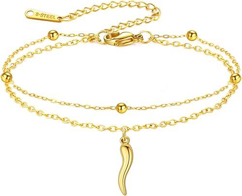Dreamtimes Italian Horn Anklet for Women Red Pepper Anklet Stainless Steel Cornicello Evil Eye Protection Foot Bracelet Italian Charm Beach Summer Jewelry