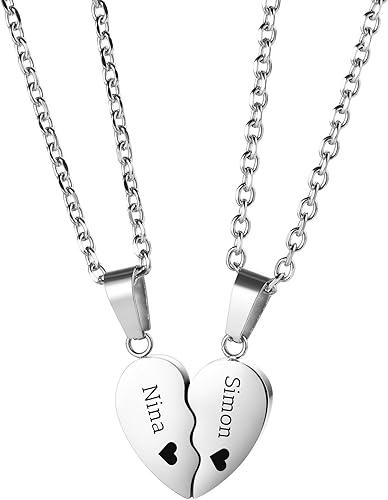 MMXX Personalized 2 Pcs Matching Couples Necklace Stainless Steel Heart Pendant Engraving Name Date Double Heart Friendship Necklace for Girlfriend Boyfriend BFF