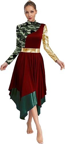 iEFiEL Liturgical Praise Dance Dress for Women Long Sleeve Camouflage Print Worship Overlay Dance Costume