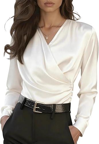Satin Wrap Blouse Elegant Criss Cross Neck Long Sleeve Tie Front Office Silk Shirts Cocktail Wedding Guest Formal Top