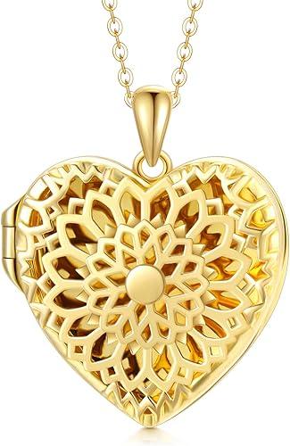 SOULMEET 10K 14K 18K Solid Gold Personalized Sunflower/Starburst/Cross/Rose/Lotus/Butterfly/Turtle/Celtic/Bee Heart Locket Necklace That Holds Picture Gift Choice