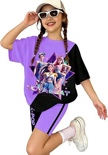 Kpop Two-Tone T-Shirt and Shorts Set for Girls 2 Piece Kids Outfit with Demon Accents for Young Hunters Fans