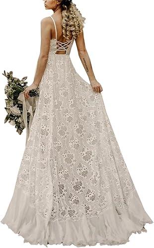 LIPOSA Boho Lace Wedding Dresses for Bride Spaghetti Strap Sweetheart A Line Sleeveless Courthouse Bridal Gowns