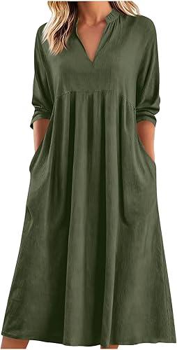 Womens Cotton Linen Workout Dress:V-Neck 3/4 Sleeve Maxi Dresses with Pockets Casual Loose Hiking Outfits 2026