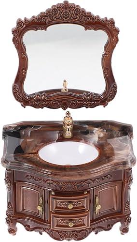 jojofuny 1 Set Antique Style Miniature Dollhouse Bathroom Sink Cabinet with Mirror Realistic Wash Basin Model for Creative Dollhouse Decor Retro Appeal Functional Design for Mini Scenes