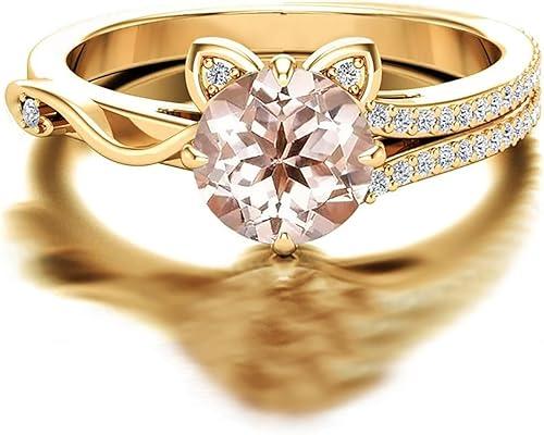 Solid Gold Cute Cat Gemstone Rings with 0.22cttw Moissanite - 10K, 14K, 18K Cat Animal Rings for Women's Anniversary, Promise, Birthday