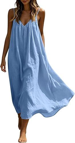 Oplxuo Women's V Neck Spaghetti Strap Maxi Dress Cotton Gauze Flowy Casual Sundress Loose Beach Cover Up Dress for Vacation Blue