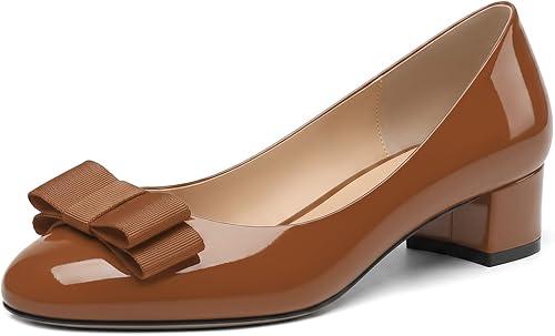 KUOARN Chunky Heels for Women Round Closed Toe 1.4 Inch Low Heel Dress Shoes Bow Slip On Pumps Comfortable Heels for Wedding, Work, Office & Party