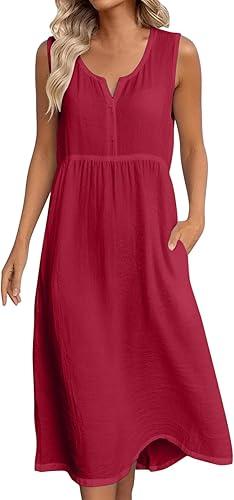 Womens Cotton Linen Midi Dresses Sleeveless Crewneck Empire Waist Loose Comfy Beach Casual Sundress