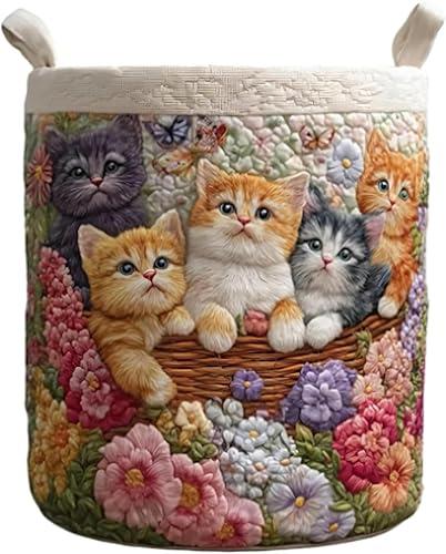 Quilted Laundry Basket with Handles, 14x18 " Floral Foldable Storage Basket for Toys & Blankets, Boho-chic Quilted Laundry Hamper for Nursery & Bedroom