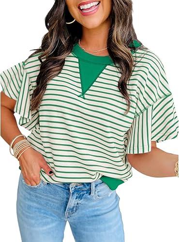 Women's Summer Striped Ruffle Short Sleeve Tops Contrast Colorblock 2026 Round Neck Loose Fit Cute Casual Top Blouse