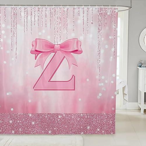 Feelyou Boys Girls Pink Bowknot Bath Curtain Personalized Initial Z Bathroom Shower Curtain Set Princess Glitter Shower Curtain Kids Bow Monogrammed Teens Bathroom Accessories Bedroom Decor 72"x84"