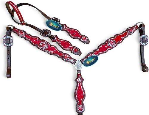 Western Leather Headstall & Breast Collar Set for Horses - Valentine’s Day Silver Metallic Cowhide with Rhinestones