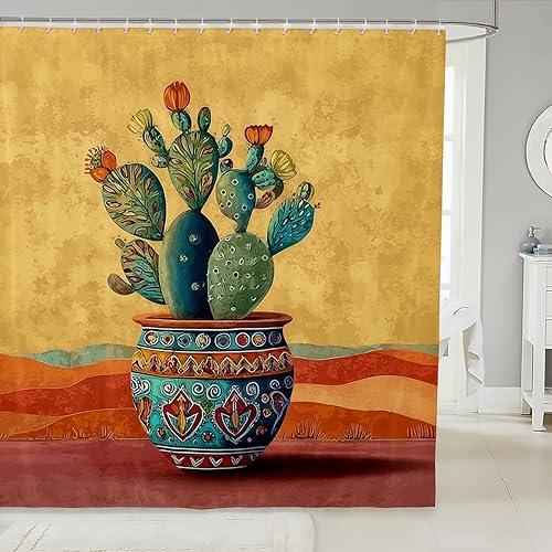 Erosebridal Mexican Cactus Shower Curtain 72" Wx72 L Boho Southwestern Waterproof Bathroom Accessories Natural Botanical Bath Curtain for Bathroom Showers Orange Green