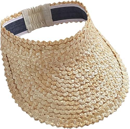 TEHAUX Wide Brim Straw Summer Sun Protection Hat Peaked Cap for Women Seaside Beachwear M (56-58Cm) with Breathable Open Top Design Random Style Beige