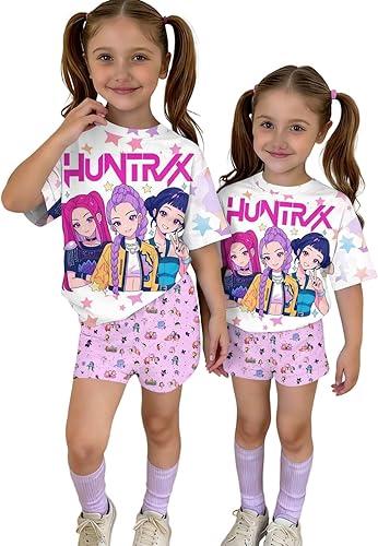 K-pop HUNTR/X 2 Piece Short Sleeve Top and Shorts Hunter Print Outfits Set Teen Cartoon Costume Y2K Outfits Short Set