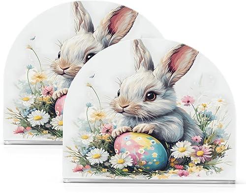 Easter Bunny Rabbit Eggs Spring Flowers Napkin Holder for Tables Paper Cocktail Napkin Holders for Kitchen Dinning,Acrylic Dinner Napkin Dispenser for Restaurant Home Decor Bar Accessories 1 Pack