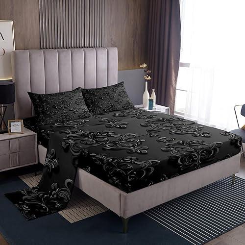 Feelyou Gothic Damask Bed Sheets Set Queen Size Vintage Jacquard Deep Pocket Fitted Sheet Black Bedding Sets Exotic Floral Soft Bed Set 4Pcs with 2 Pillow Cases
