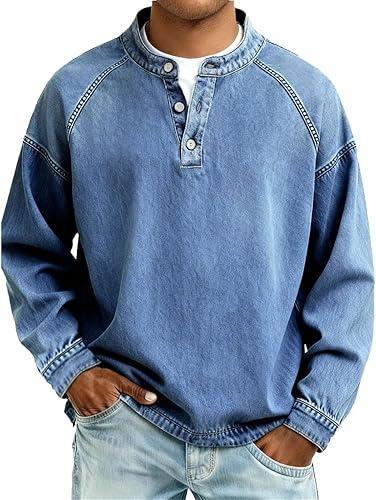 Men's Vintage Distressed Denim Henley Pullover Long Sleeve Raglan Sleeve with Button Placket